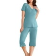 thumbnail image 3 of Jalioing Women's 2 Piece Pajama Set Short Sleeve V Neck Tops and Capris Set with Pocket Solid Lounge Set, 3 of 9