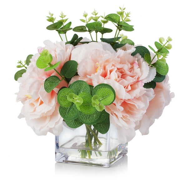 Enova Home Mixed Artificial Silk Peony and Eucalyptus Leaves Fake Flowers Arrangement in Cube Glass Vase with Faux Water for Home Office Wedding Decoration
