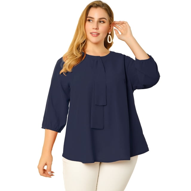 Women's Plus Size Work Round Neck Ruffle Chiffon Blouse Top Navy Blue 2X