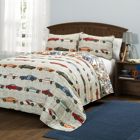 Lush Decor Race Cars Kids Polyester Reversible Quilt, Full/Queen, Blue/Orange, 3-Pc Set