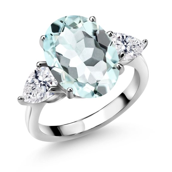Gem Stone King 925 Sterling Silver Sky Blue Simulated Aquamarine and Lab Grown Diamond Engagement Ring for Women | 6.74 Cttw | Oval 14X10MM | Gemstone March Birthstone | Size 8