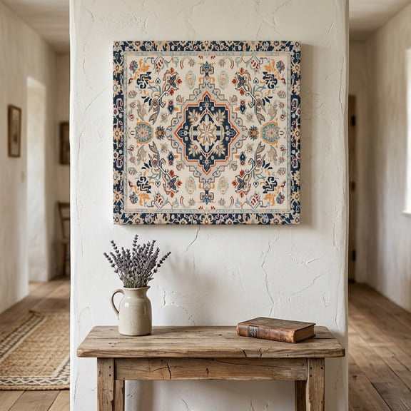 Ships Next Day Canvas Wall Art 10"x10", Blue Boho Wood Framed Canvas Print Painting, Ethnic Vintage Mexican Flowers Southwestern Ready to Hang Small Picture Wall Decor for Home Kitchen Nursery Office