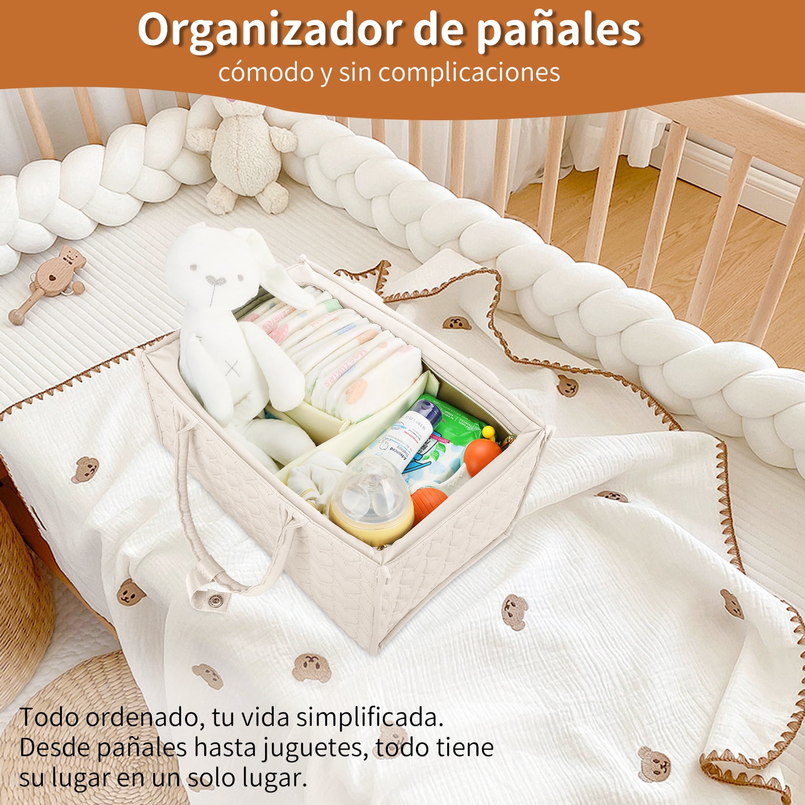 Baby Diaper Caddy, Soft Quilted Fabric Nursery Storage Organizer with Dividers & Side Pockets, Foldable Portable Changing Basket, Ideal Baby Shower Gift for Newborn