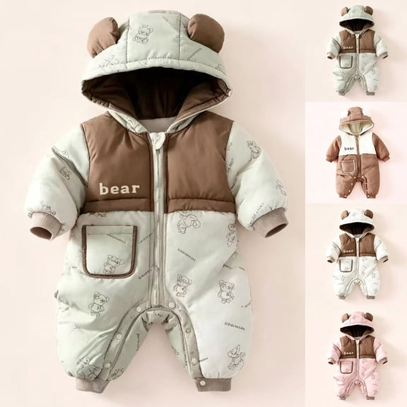 Baby Bear Ear Hooded Winter Romper Full Zip Color Block Snowsuit Winter Warm One Piece Outerwear foe Boys Girls