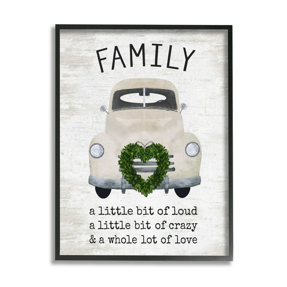 Stupell Industries Wholesome Family Sign Antique Car Heart Wreath Graphic Art Black Framed Art Print Wall Art, Design by Lettered and Lined