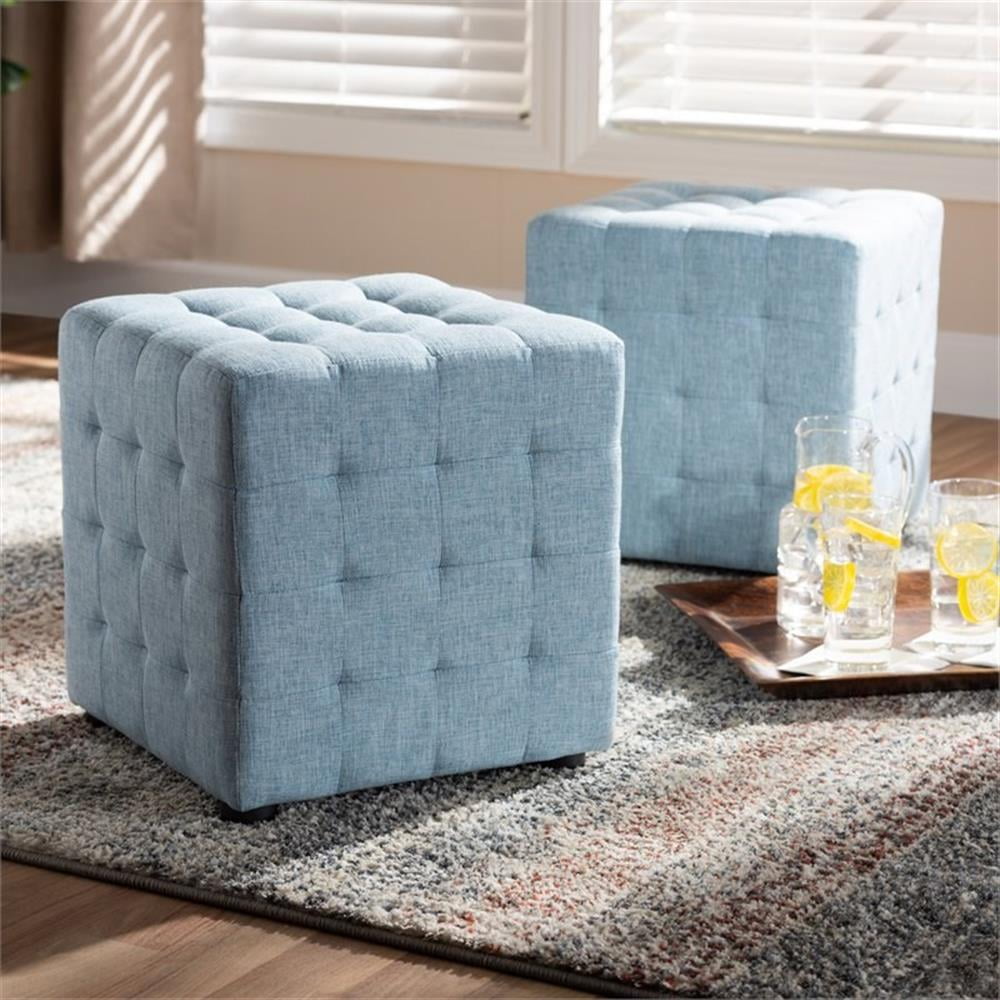 Baxton Studio Elladio Modern and Contemporary Light Blue Fabric Upholstered Tufted Cube Ottoman Set