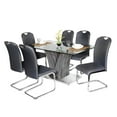 thumbnail image 3 of K-Living Lorie 7PCS Dining Set with Rectangle Tempered Glass Table with Chrome & Wood Base and Dark Grey PU Chairs (1 Table and 6 Chairs), 3 of 4