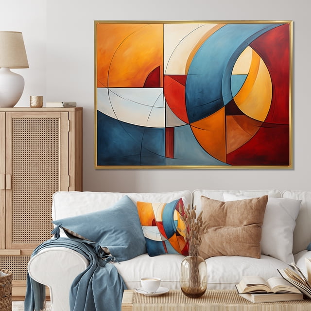 Designart Cubism Oversized framed wall art decor, Cubism framed wall Art, Geometric Forms in Cubism I , Teal Modern Gold framed wall art, 40x30 inches Gold Frame