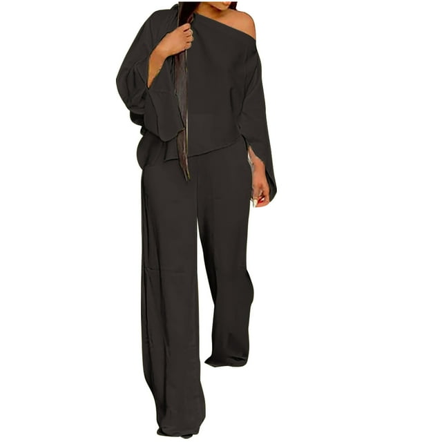 Timegard 2 Piece Sets for Women Long Sleeve Split 1 Shoulder Tops Straight Leg Pants Solid Color Loose Outfits