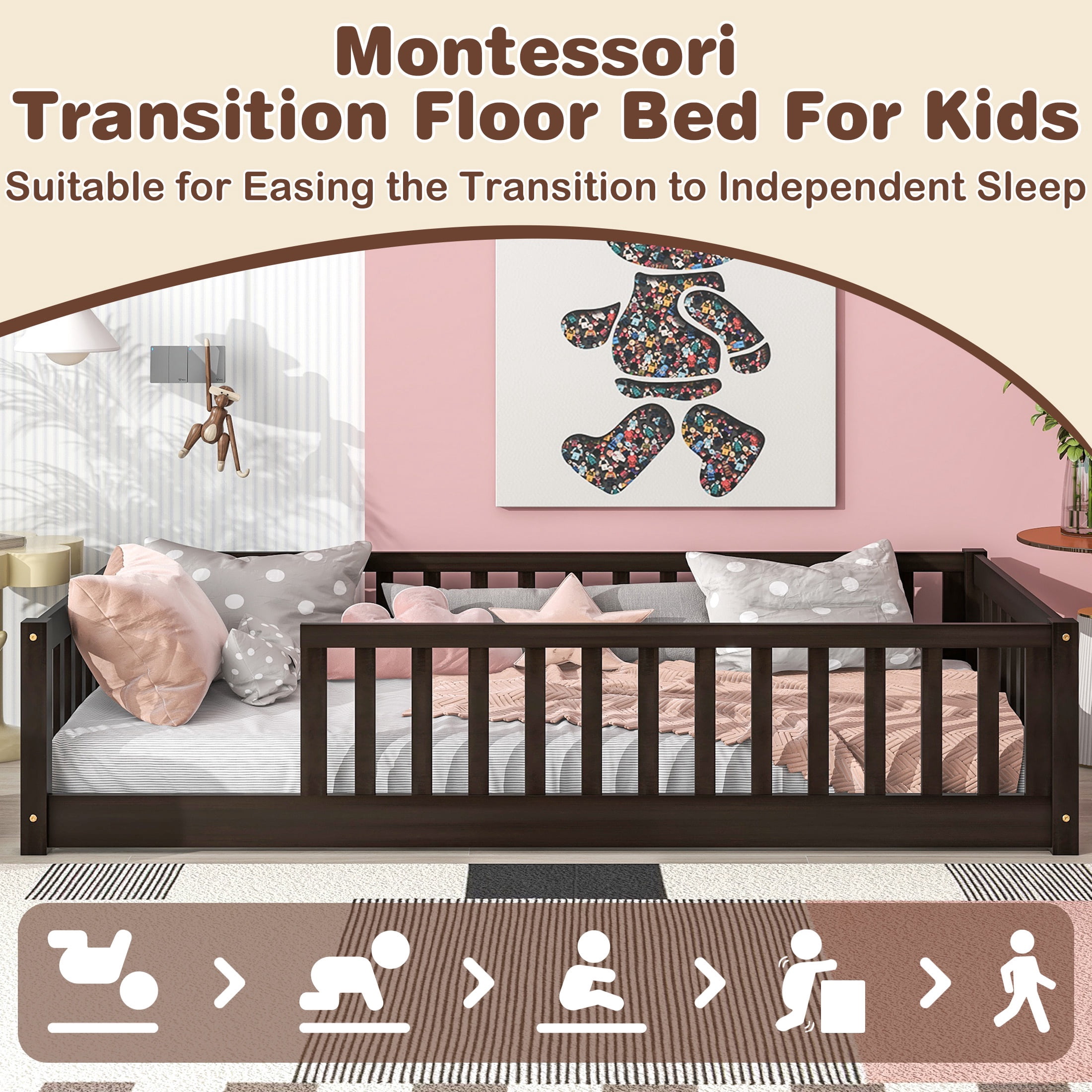 PORKISS Twin Toddler Bed with Guardrails, Low Profile Floor Bed Frame with Open Entry, Wood Montessori Bed with 7 Slats for Kids, No Box Spring Needed, Espresso