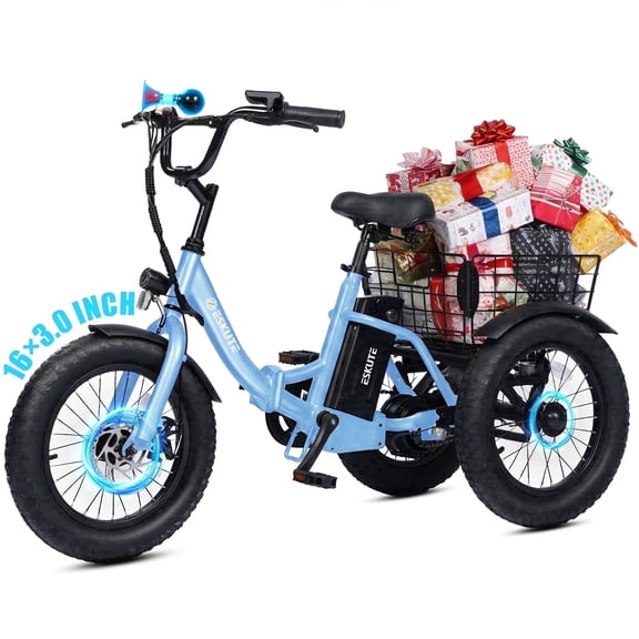 ESKUTE T300mini Electric Tricycle for Beginners, 16" x 3.0 Fat Tire Folding 3-Wheel E-Bike, 250W Motor 12 MPH, 302Wh Battery, Step-Thru, Blue, UL2849
