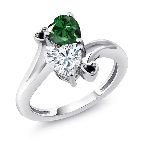 Gem Stone King 925 Sterling Silver Green Nano Emerald White Moissanite and Black Diamond Ring for Women (1.53 Cttw, Heart Shape 6MM, Gemstone May Birthstone, Size 6)