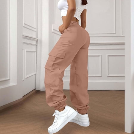 Women s Cargo Pants High Waisted Joggers Baggy Cuffed Ankle Pants with Pockets Stretchy Casual Work Trousers for Hiking Streetwear and Daily Wear-Light Pink