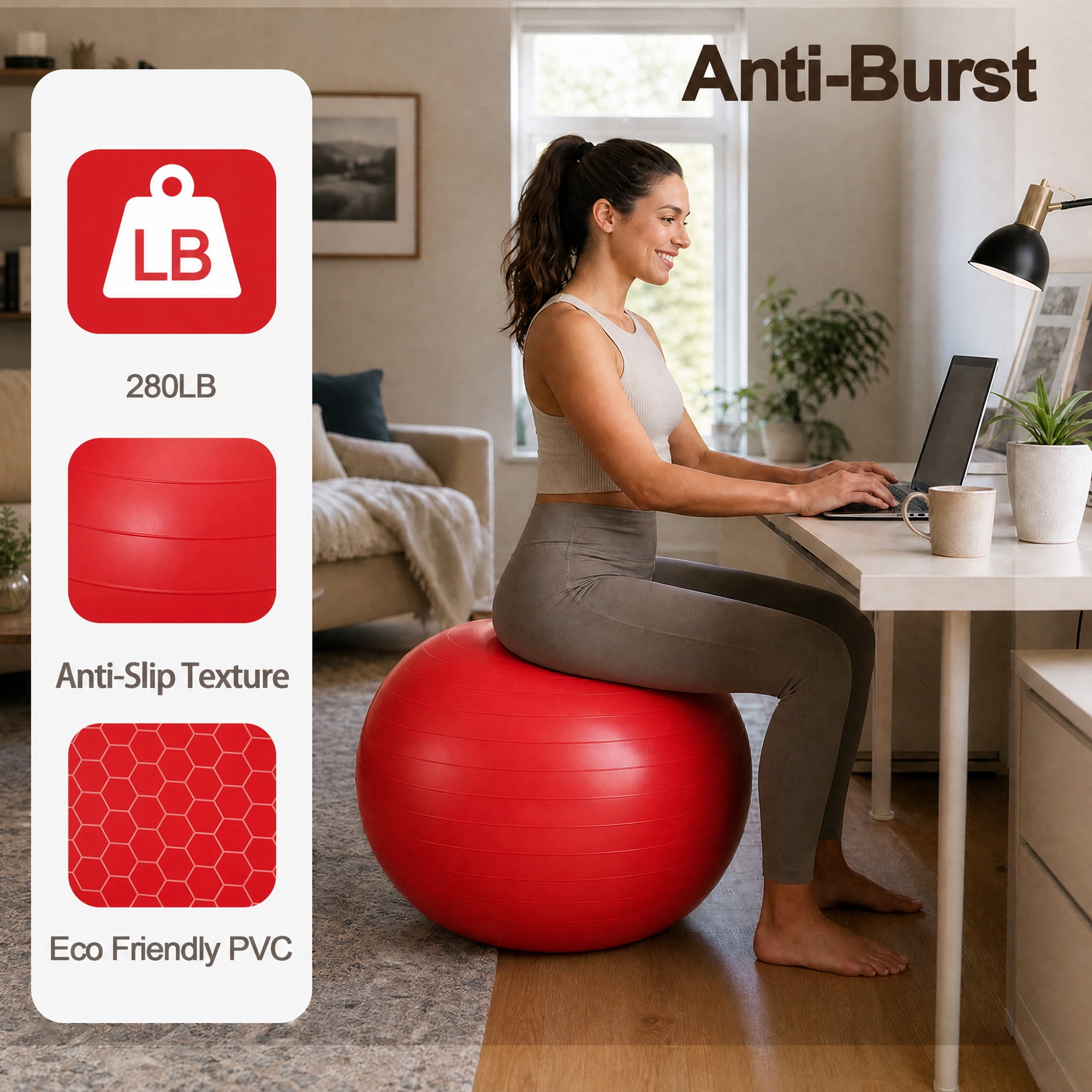 Signature Fitness 85 cm Yoga Exercise Ball with Foot Pump, Anti-Burst Slip-Resistant Stability Ball for Pregnancy, Pilates, Fitness, Balance & Core Workouts, Red