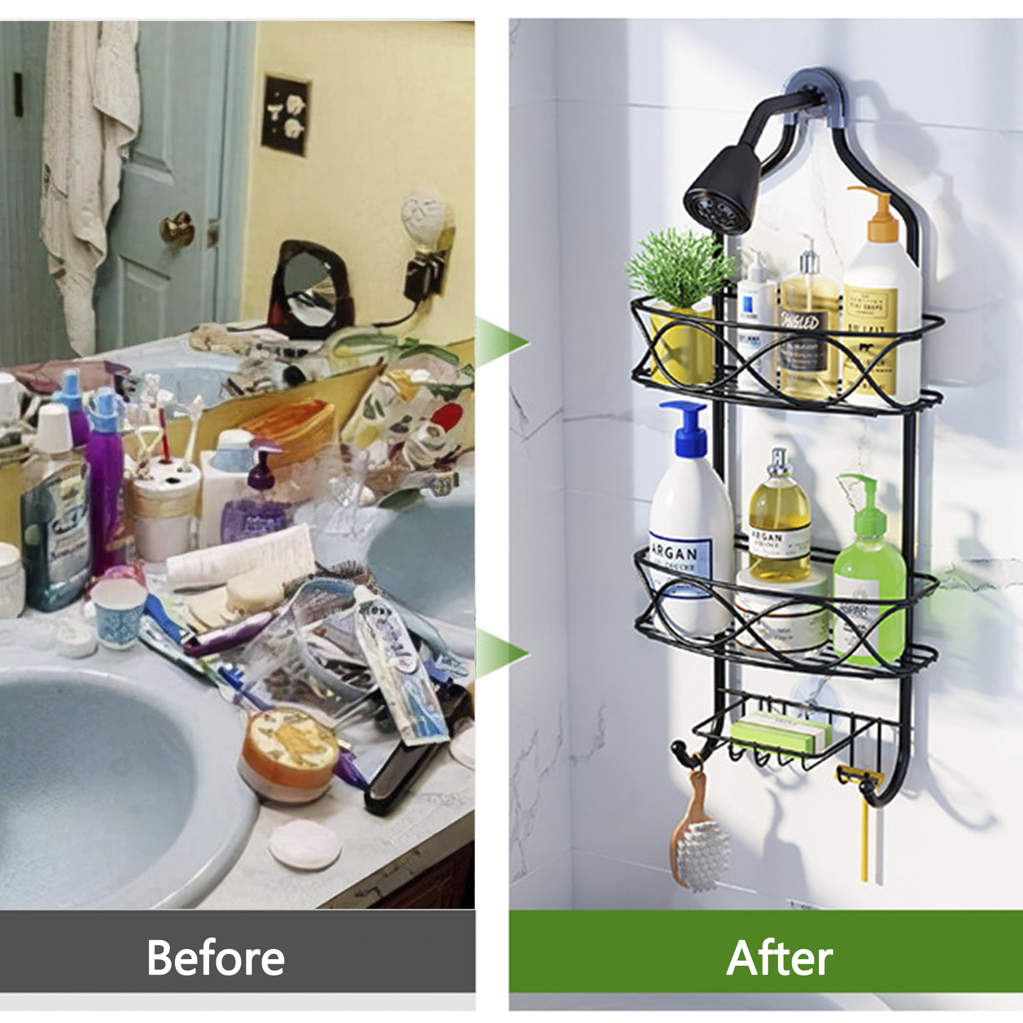 Hanging Shower Caddy Over Showerhead with Soap Holder and Hooks, 3-Shelf Bathroom Shower Organizer Storage Rack