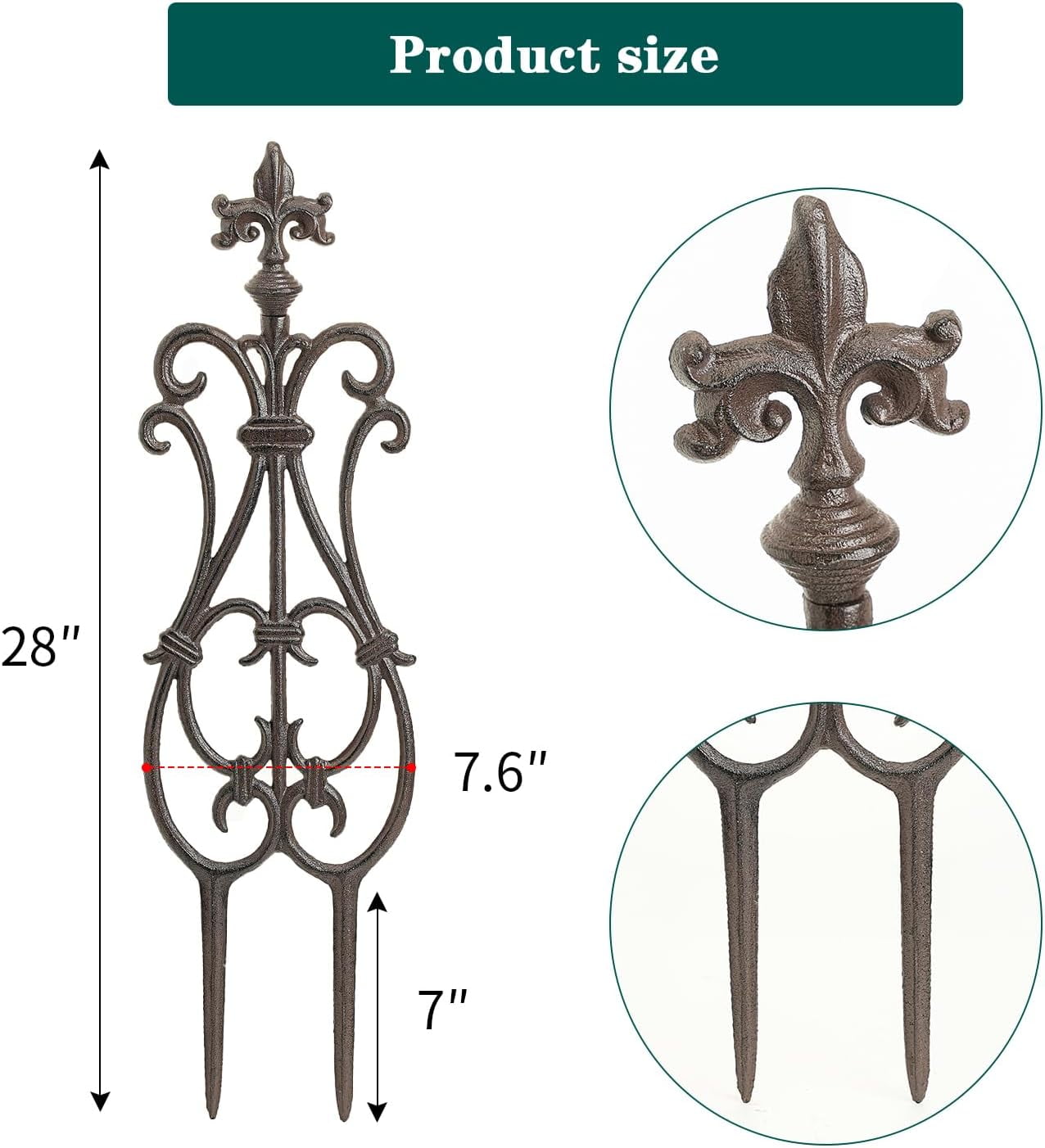Sungmor Cast Iron Garden Edging Border, Flower Bed Landscape Picket Fence Panels, 28" x 7.6", 4 Count Brown