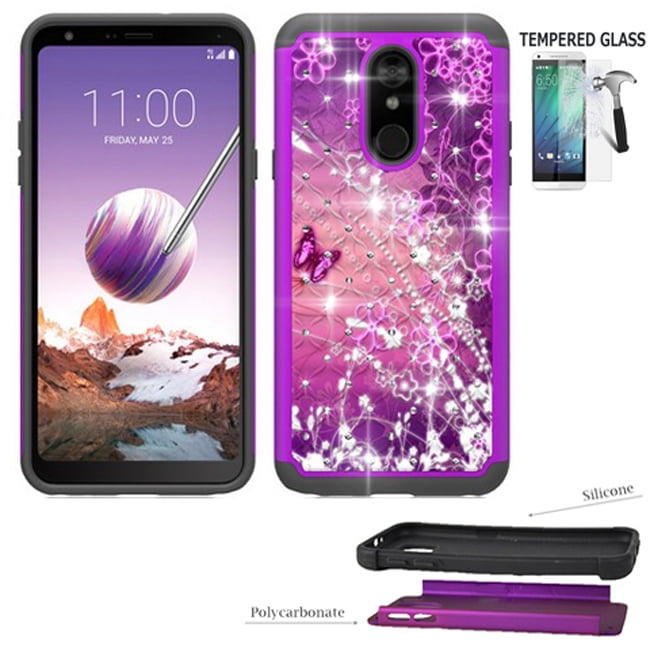 Phone Case For Straight Talk LG Stylo 5 / Stylo 5x Case / Stylo5v Case / LG Stylo 5 Case + Tempered Glass with Dual Layered shock absorbing Crystal Cover (Crystal Flower-Black +Tempered Glass)