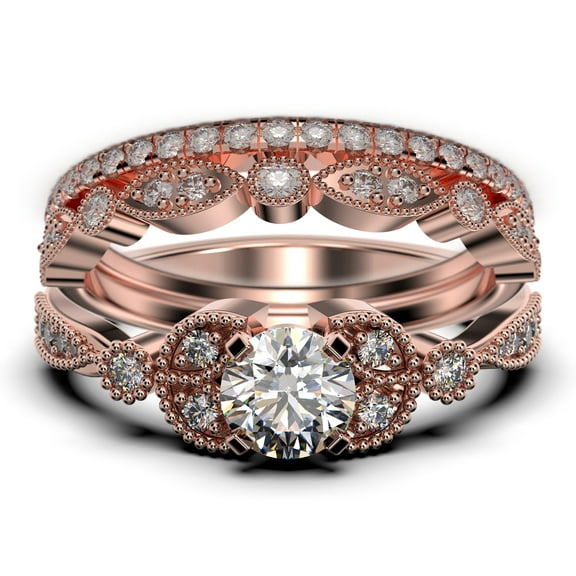 Trio Set 2.50 Carat Round Cut Diamond Moissanite Engagement Ring, Matching Wedding Band in 925 Sterling Silver With 18k Rose Gold Plating, Leaf Ring, Promise Ring, Anniversary Gift