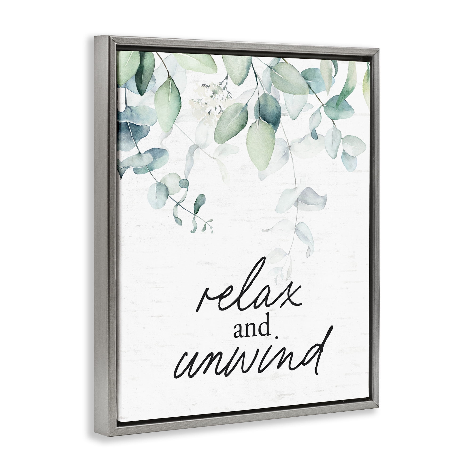 Relax And Unwind Herb Leaves Gray Framed Floater Canvas Wall Art, design by Lettered and Lined