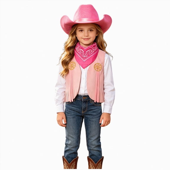 mgoYE Girls Outfit Western Cowboy Outfit Kids' Vest & Bandana Set with Hat(Light Pink,4-5 Years)