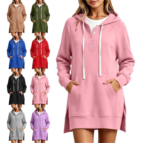 SYwaren Longline Hoodie for Women Button Drawstring Pullover Side Slit Sweatshirt Pockets Solid Color Tops