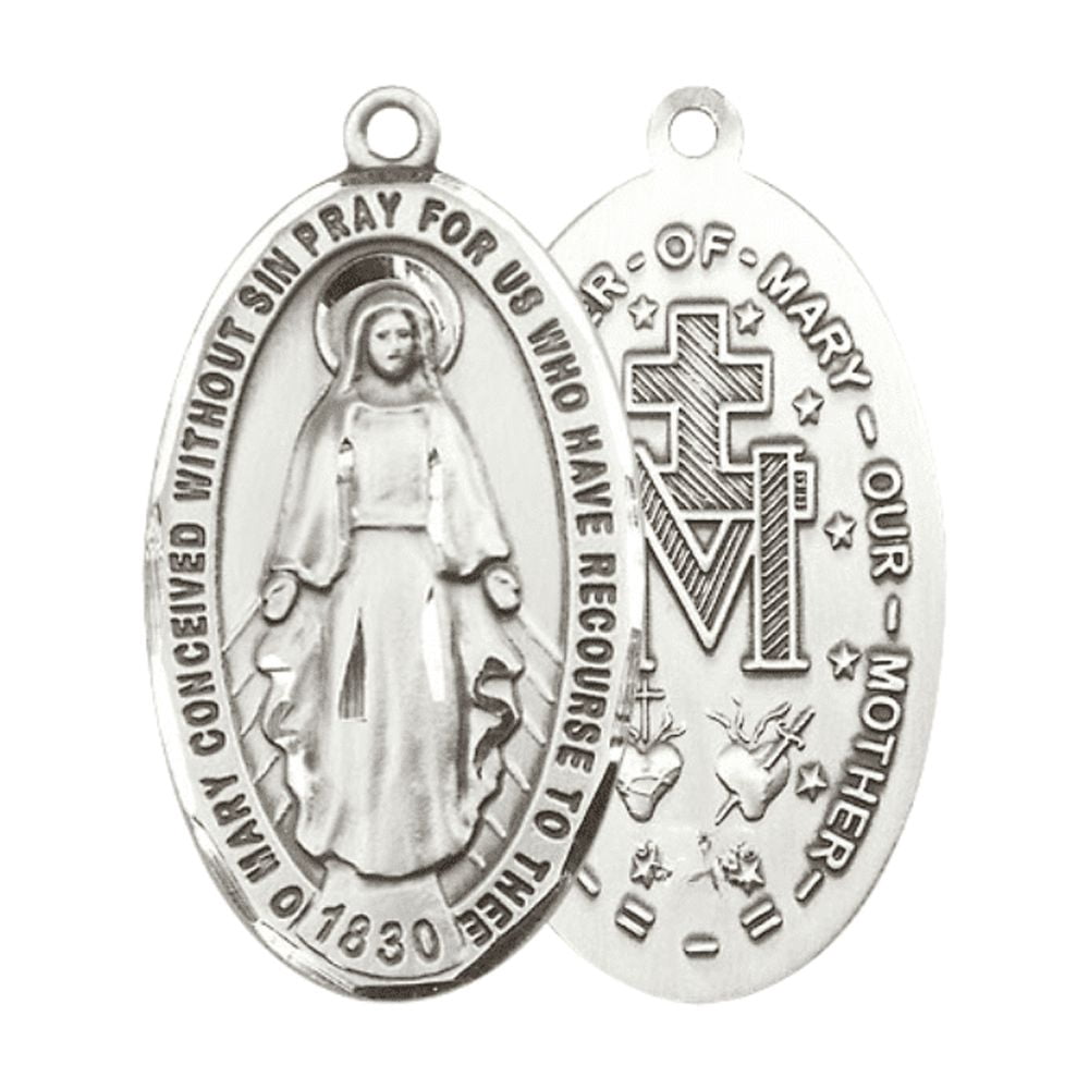 Mens Large Oval Pewter Miraculous Medal Pendant on 24 inch Rhodium Plated Heavy Curb Brass Chain with Lobster Claw Clasp, Catholic Religious Necklace -Made in USA- Deluxe Velvet Gift Box