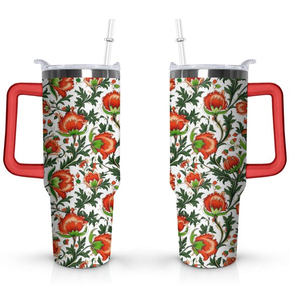 40oz Boho Patchwork Tumbler with Handle Lid and Straw,Bohemian Style Colorful Floral Tumblers Gifts for Women Girls Men Adults（Red）