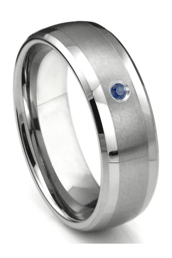 Tungsten Carbide Sapphire Matte Finish Center Dome Men's Comfort Fit Wedding Band Ring with Bevel Edges Sz 10.0