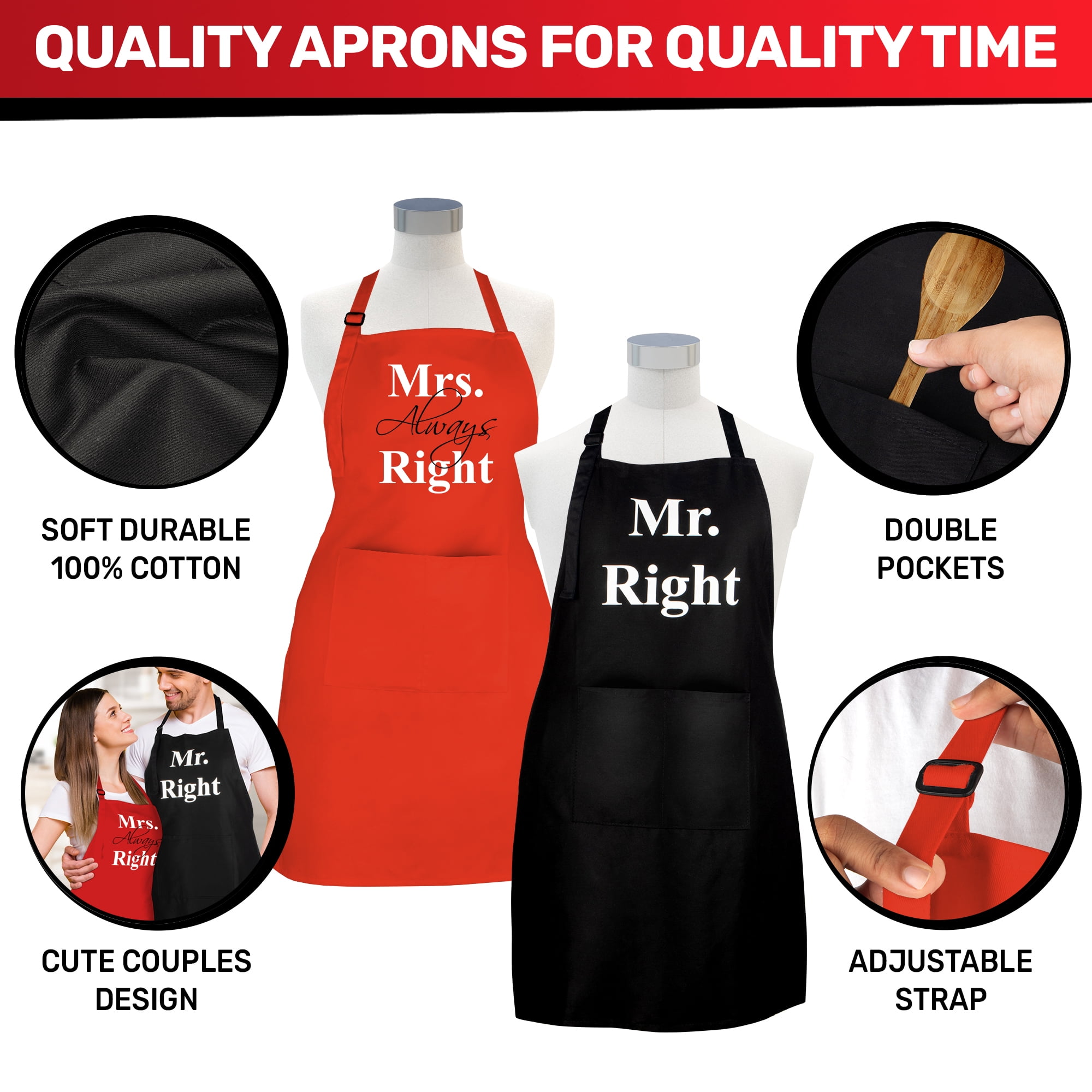 Prazoli His and Hers Aprons for Couples Mr Right Mrs Always Right Engagement and Bridal Shower Gift for Bride, Black & Red Apron Set of 2