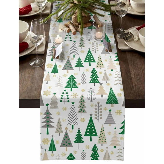Christmas Table Runner Green Xmas Tree Table Runners Golden Snowflake Cotton Linen Dresser Scarf Kitchen Dining Table Decor for Christmas Holiday Party Decor 13x90 Inch