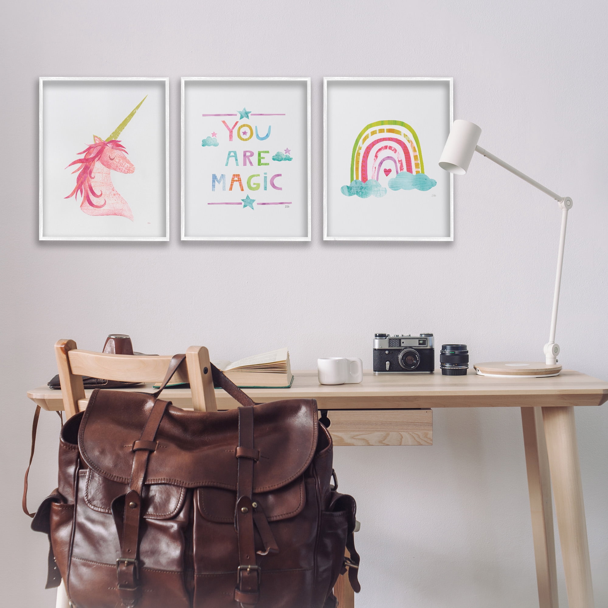 Stupell Industries You Are Magic Rainbow & Unicorn Art for Kids Painting White Framed Art Print Wall Art, 16 x 20, Set of 3