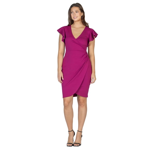 24seven Comfort Apparel Womens V Neck Ruffle Sleeve Knee Length Dress-R0066303-MAGE-S