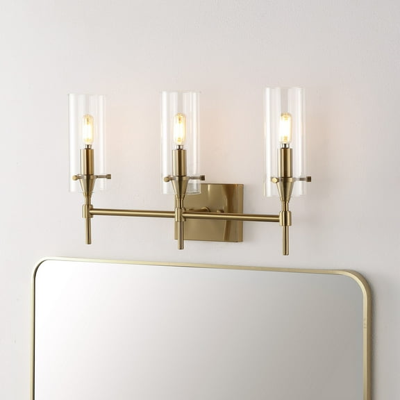 JONATHAN Y Cato 21.25" 3-Light Modern Minimalist Iron/Glass LED Vanity, Brass Gold/Clear