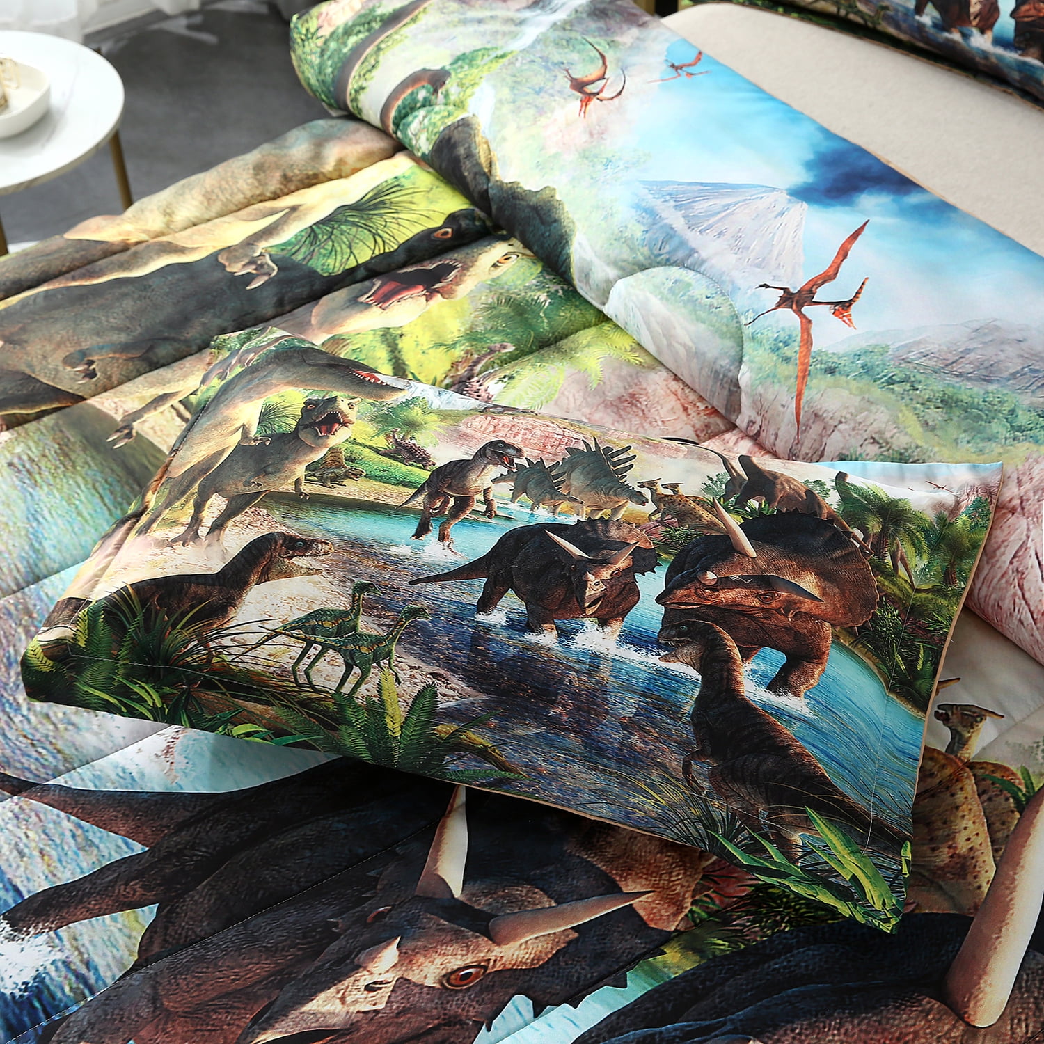URBONUR Dinosaur Boys Bedding Set Twin Size 3D Digtal Dinosaur Print Comforter Set with Pillowcases, 3 Pieces Soft Reversible Bed Sets for Toddlers/Teens