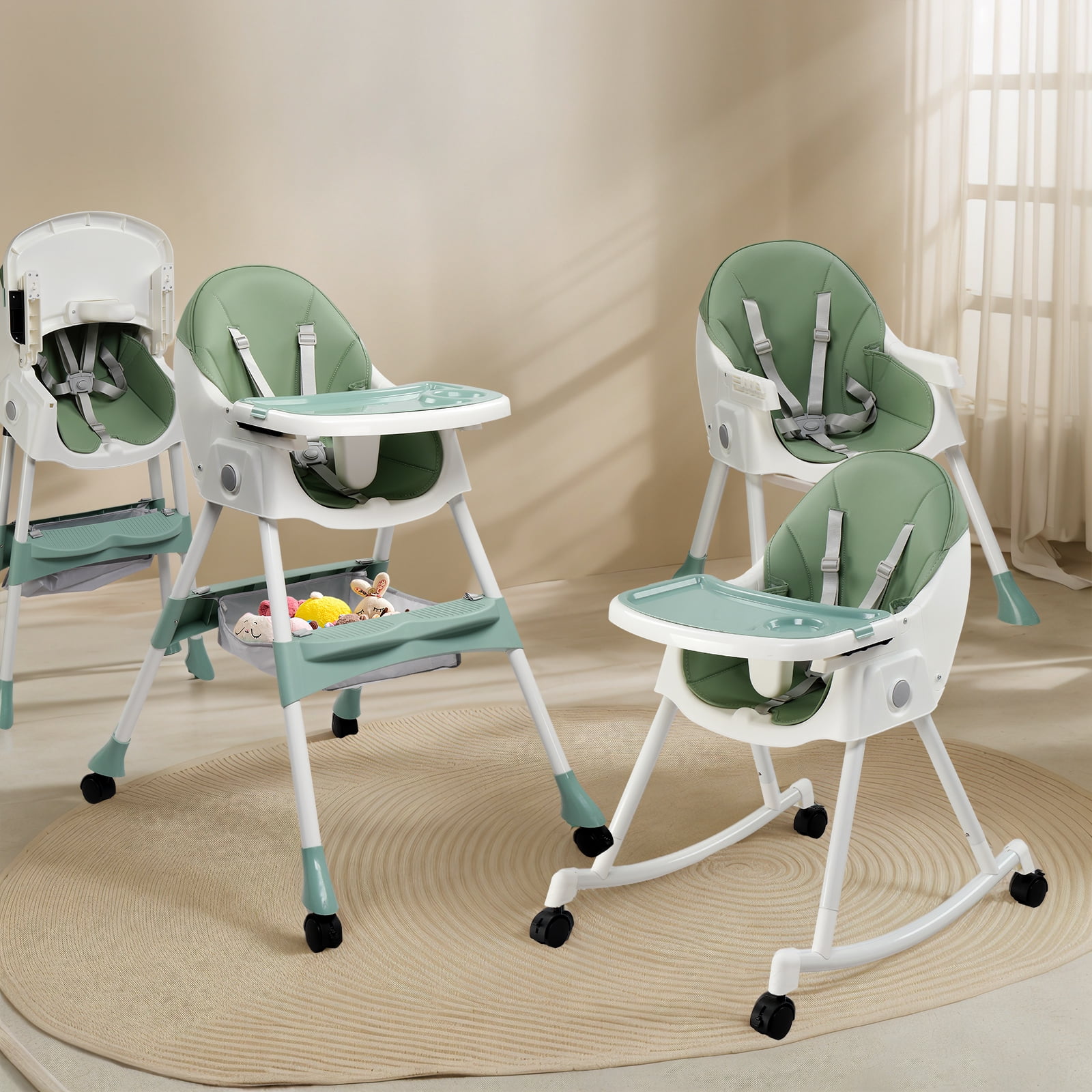 Ktaxon Baby High Chair, Convertible 6 in 1 High Chairs for Babies and Toddlers, Foldable Baby Highchair with 5-Point Safety Harness, Adjustable Dining Tray, Backrest & Height, Green