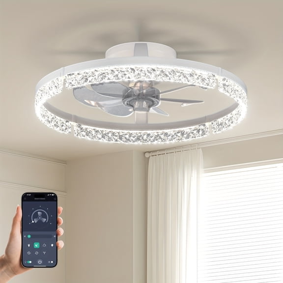 [Modern Ceiling Fan with Light] Modern 20" Low Profile Ceiling Fan with Light & Remote | Fandelier Flush Mount, Stepless Dimmable 3000K-6000K LED for Bedroom, Living Room, Kitchen