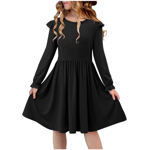 Robe Extensible à Manches Longues pour Filles, Robe Patineuse Évasée avec Encolure Ronde et Manches Bouffantes, Robe pour Récital Scolaire et Fête