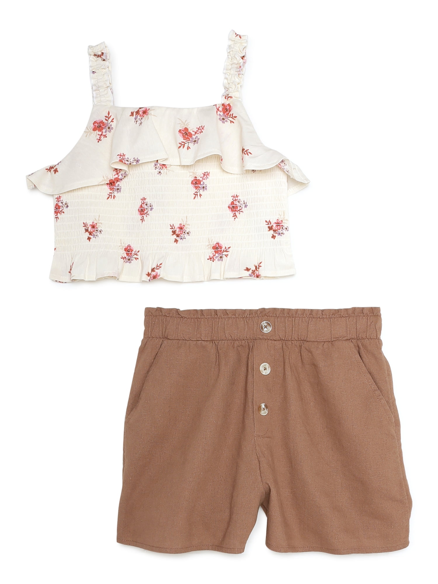 Wonder Nation Girls Ruffle Tank Top and Shorts, 2Piece Casual Outfit