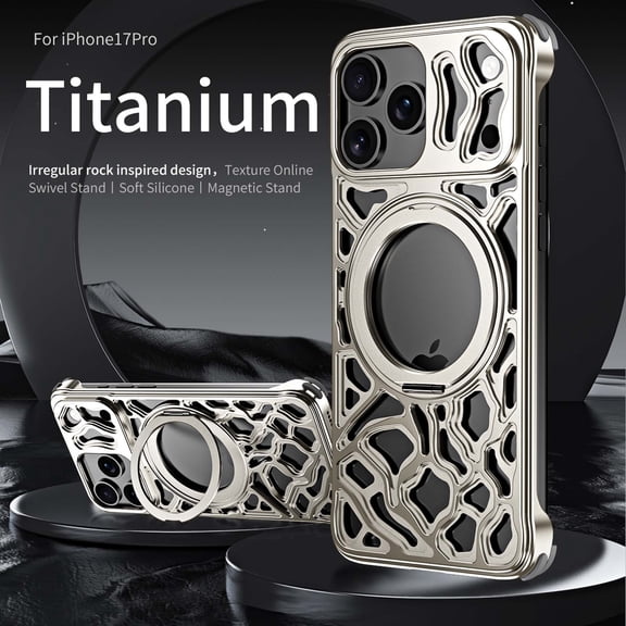 Heat Dissipation Case for iPhone 17 Pro,360°Rotatable Ring Kickstand Metal Case,Irregular Rock Inspired Designing,Slim Cool Case,Anti-Fall,Anti-Scratch Shockproof Phone Case Cover,Titanium