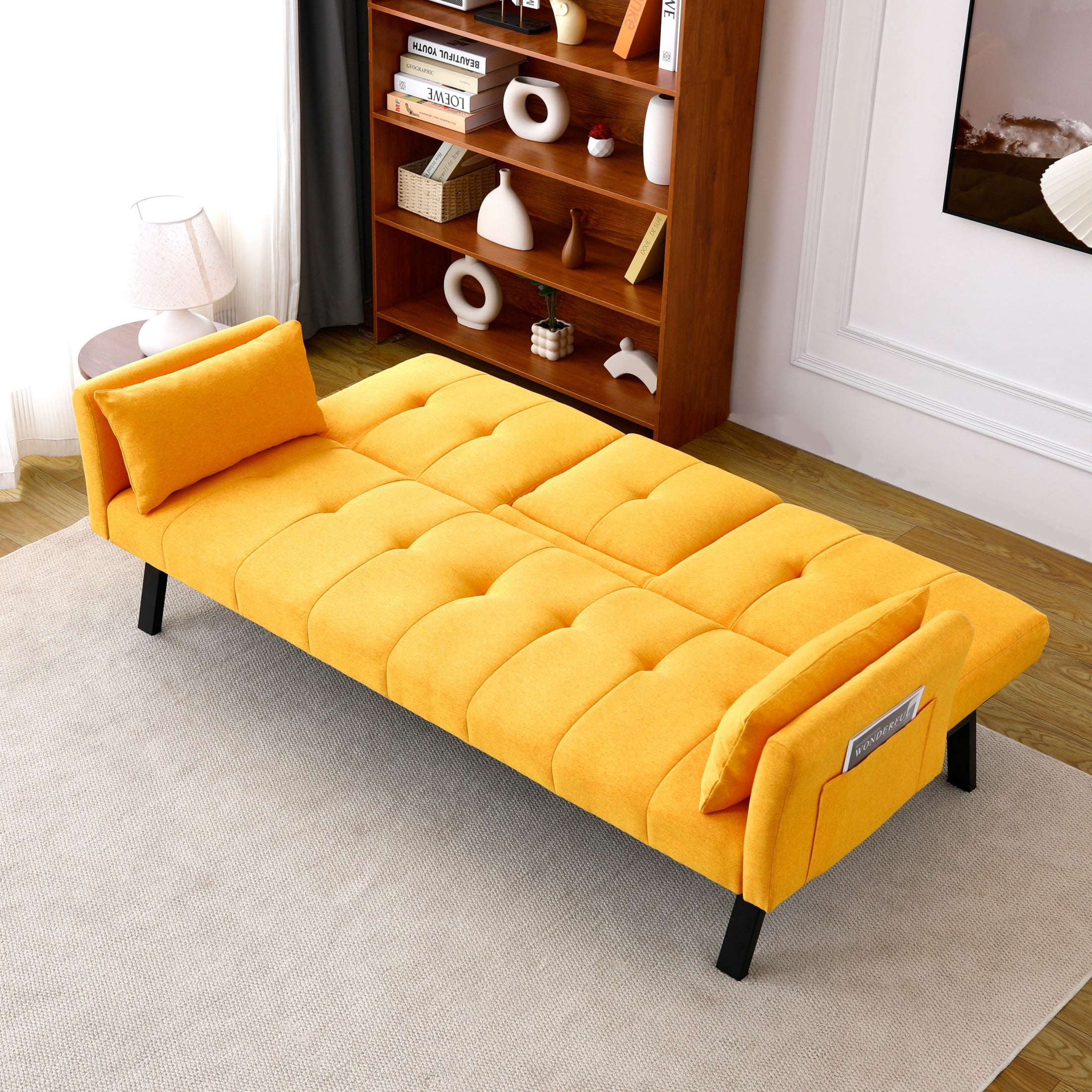 Aukfa 70" Convertible Futon Sofa Bed for Home Office, Linen Loveseat with Cup Holder, Yellow