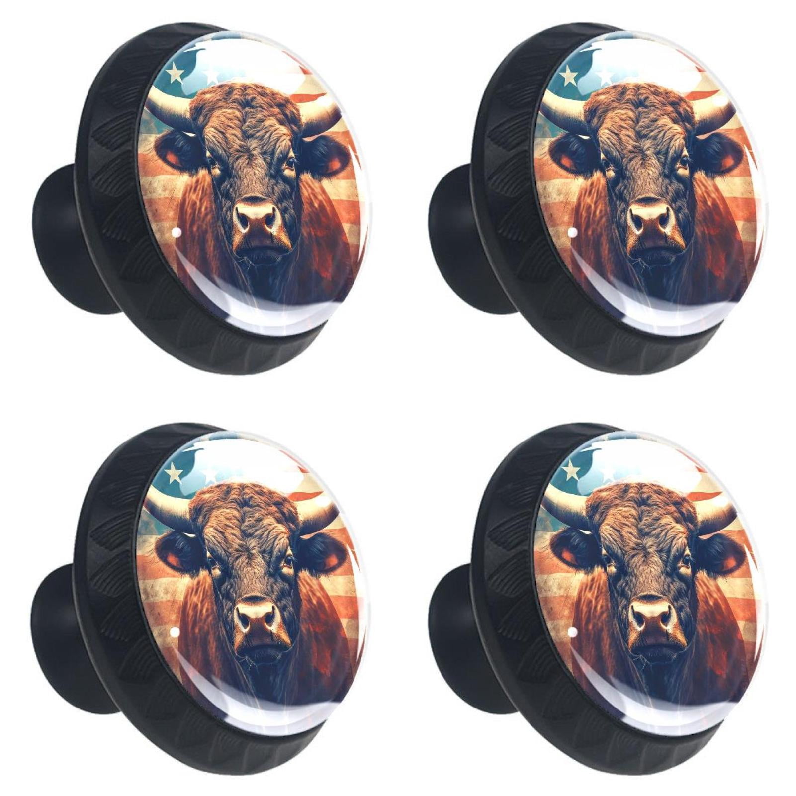 4 Pcs Cow American Flag Knobs for Kitchen Cabinet Cupboard Dresser Bookcase Drawer Pulls Handles Round Home Decor