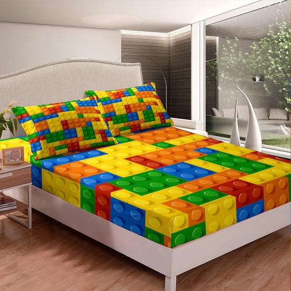 Games Bed Sheet Set Bedroom Color Building Blocks Fitted Sheet Gift Toy Brick Bedding Set Nursery Bed Cover with Pillowcase Decor 2 Pcs Twin Size