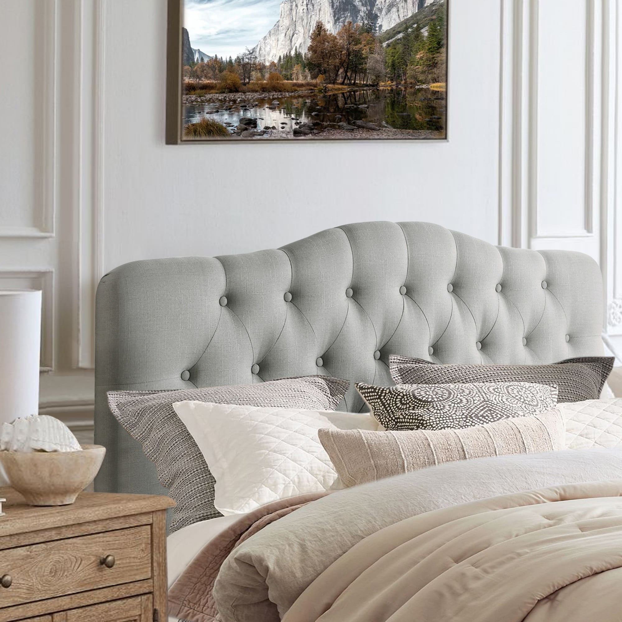 Gewnee Gray Queen Platform Bed,Linen Fabric Padded Headboard,Solid Wood Slat Support & Sturdy Construction,Ideal for Bedroom,Box Spring Required