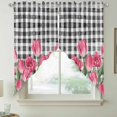 thumbnail image 2 of Pink Tulip Flowers Swag Valances for Windows, Kitchen Curtains 36 Inch Length 2 Panels Set, Black Buffalo Plaid Spring Floral Plants Short Curtains for Small Windows Rod Pocket Cafe Curtains 28"x36", 2 of 8