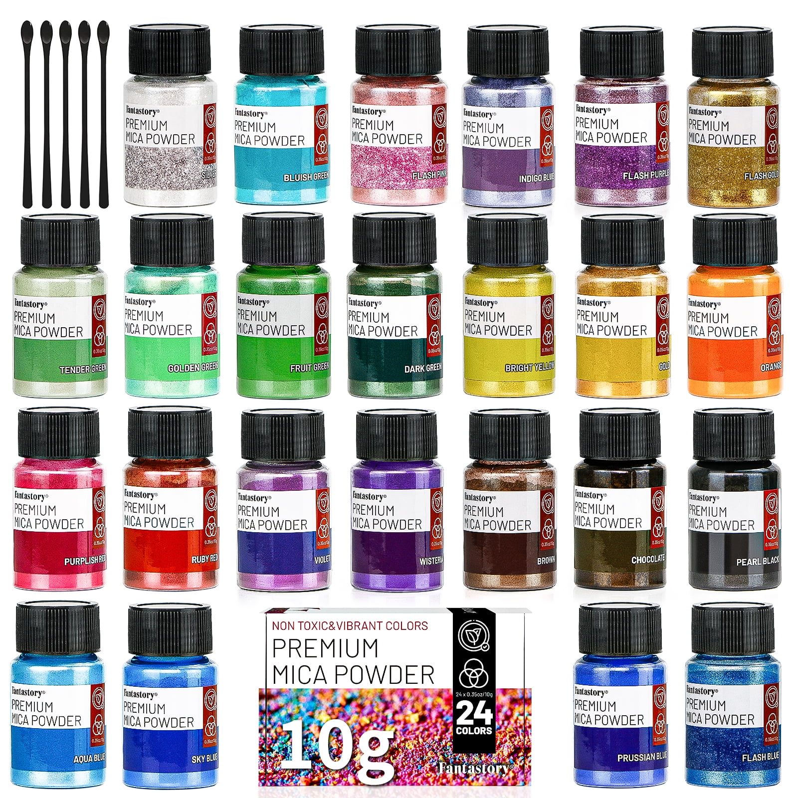 Fantastory Mica Powder for Epoxy Resin, (0.35oz/10g) 24 Colors Pigment Powder with 5 Spoons