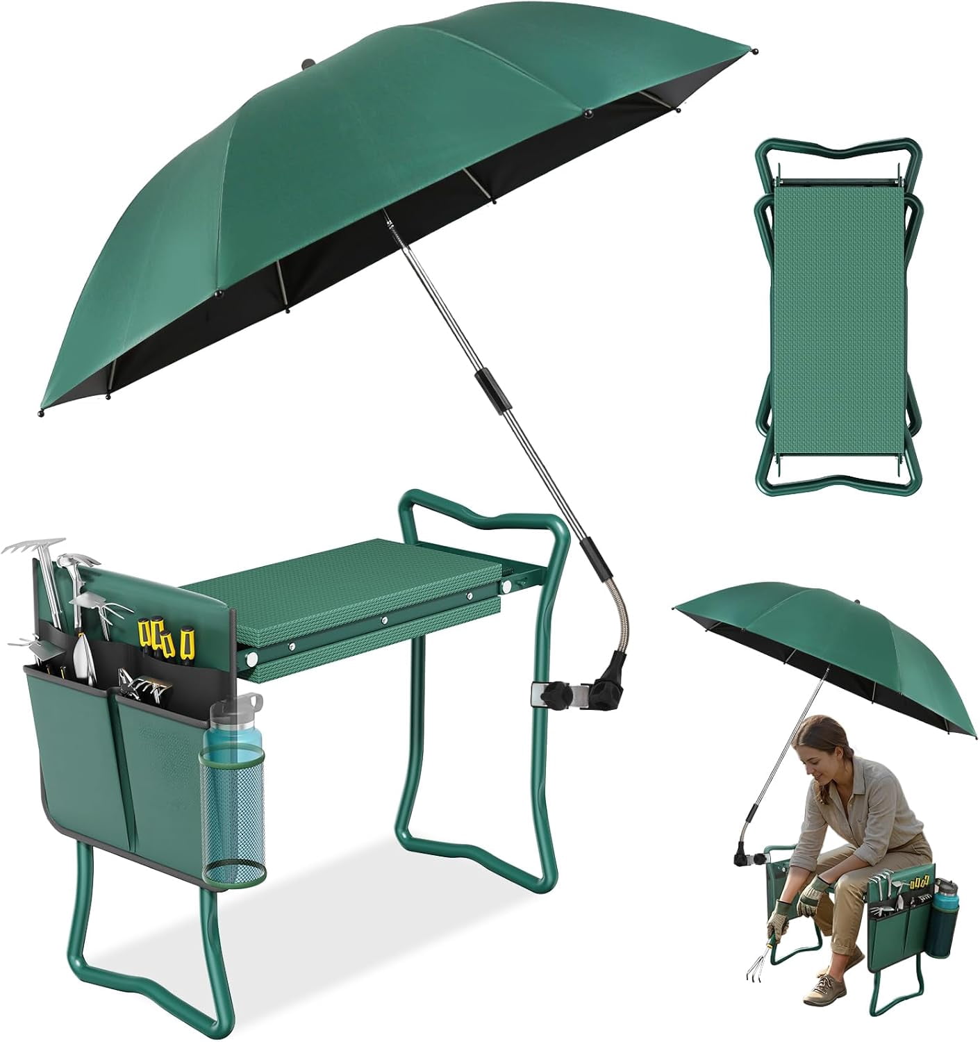 2-in-1 Garden Kneeler with Umbrella, Kneeling Bench & Black Umbrella, Portable Stool 330lb Capacity, Garden Tools Bag with Bottle Holder, Gardening Gift for Men Women Seniors