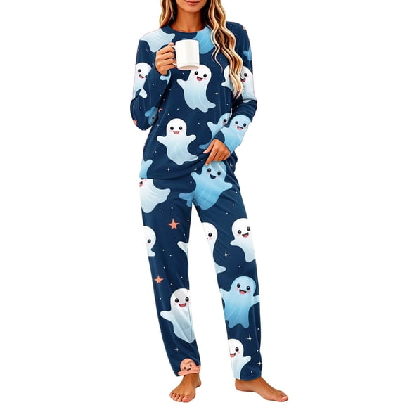 Women's Halloween Pajama Set Long Sleeve Pullover Top and Pants Pumpkin Ghost Print 2-Piece Sleepwear
