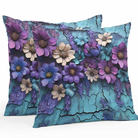 Waterproof Throw Pillow Covers Set of 2, 16x16 Inch Purple Flowers Decorative Pillowcases Outdoor Pillow Slip Cushion Covers Set for Couch Tent Spring Vintage Walls Pastoral Country