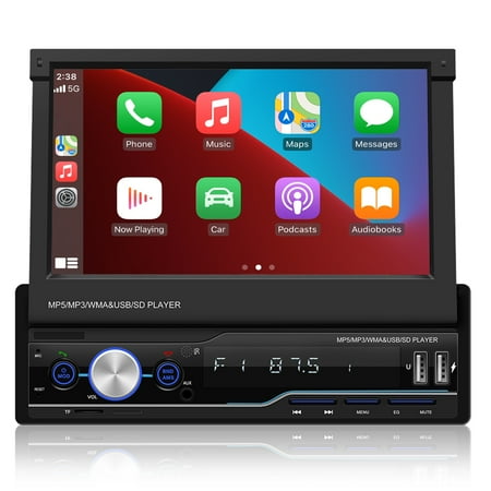 Single Din Android Auto Car Stereo Compatible with Apple Carplay Bluetooth 7" Manual Flip Out Touchscreen Radio Audio in Dash Head Unit Volume Knob AM FM RDS support Dual USB Port SWC Phone Mirror
