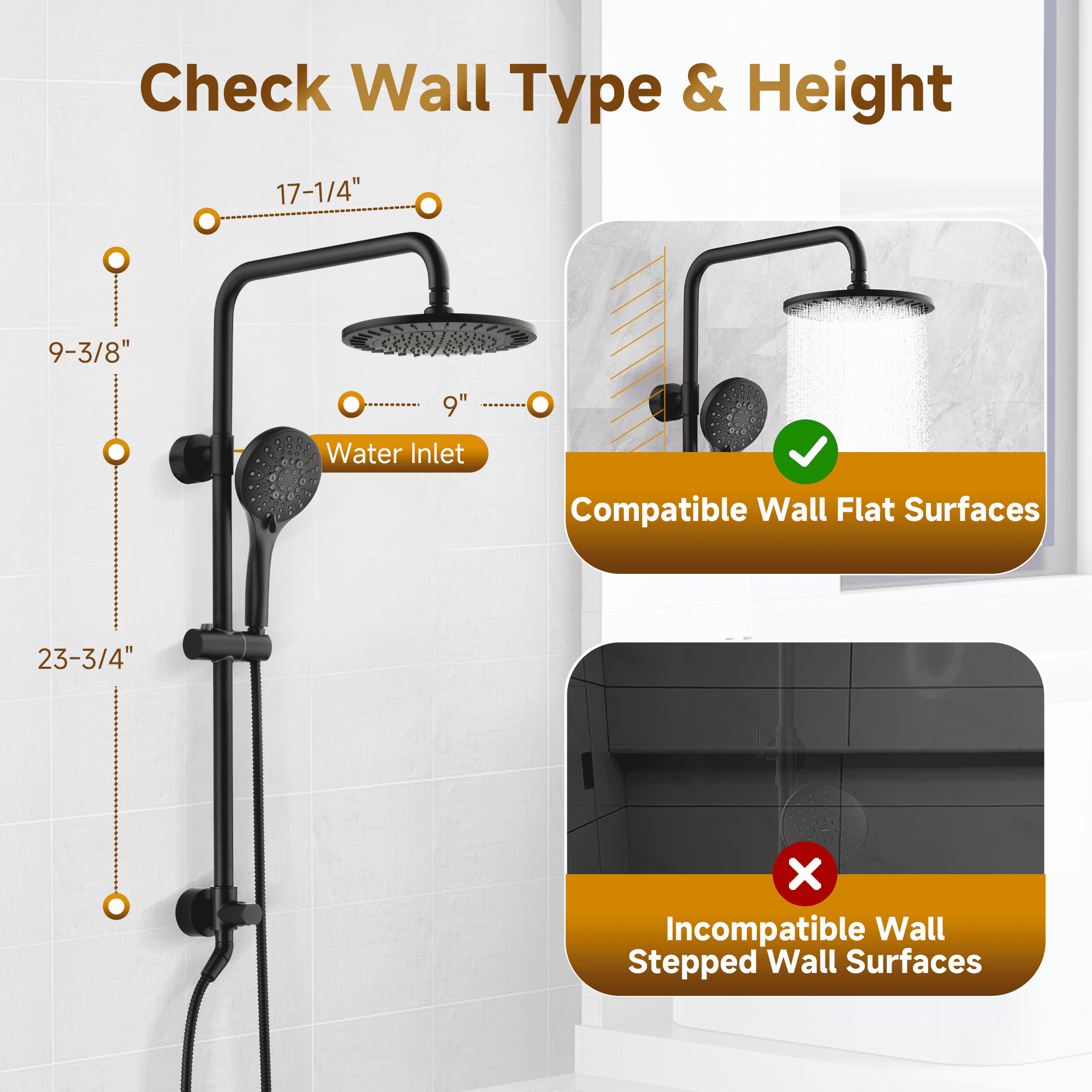 Bright Showers Rain Shower Heads System, Rainfall & Handheld Shower Combo with Height Adjustable Holder, Solid Brass Rail, 60" Long Hose, Chrome
